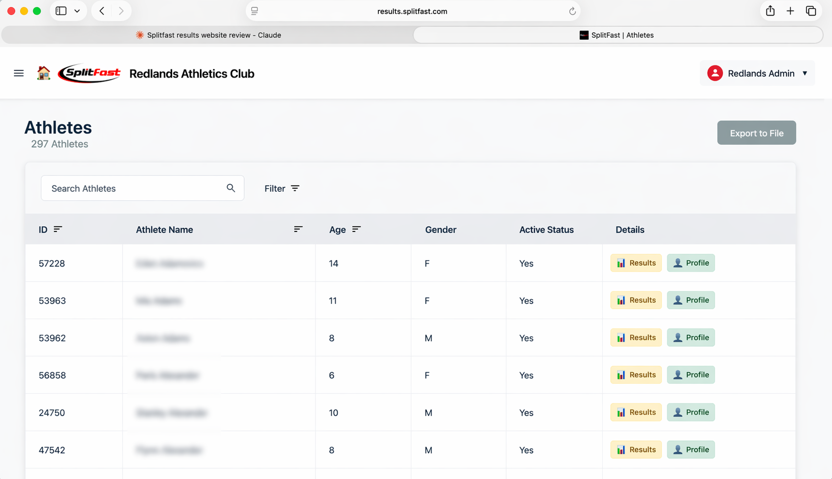 SplitFast Results Portal Club Athletes list